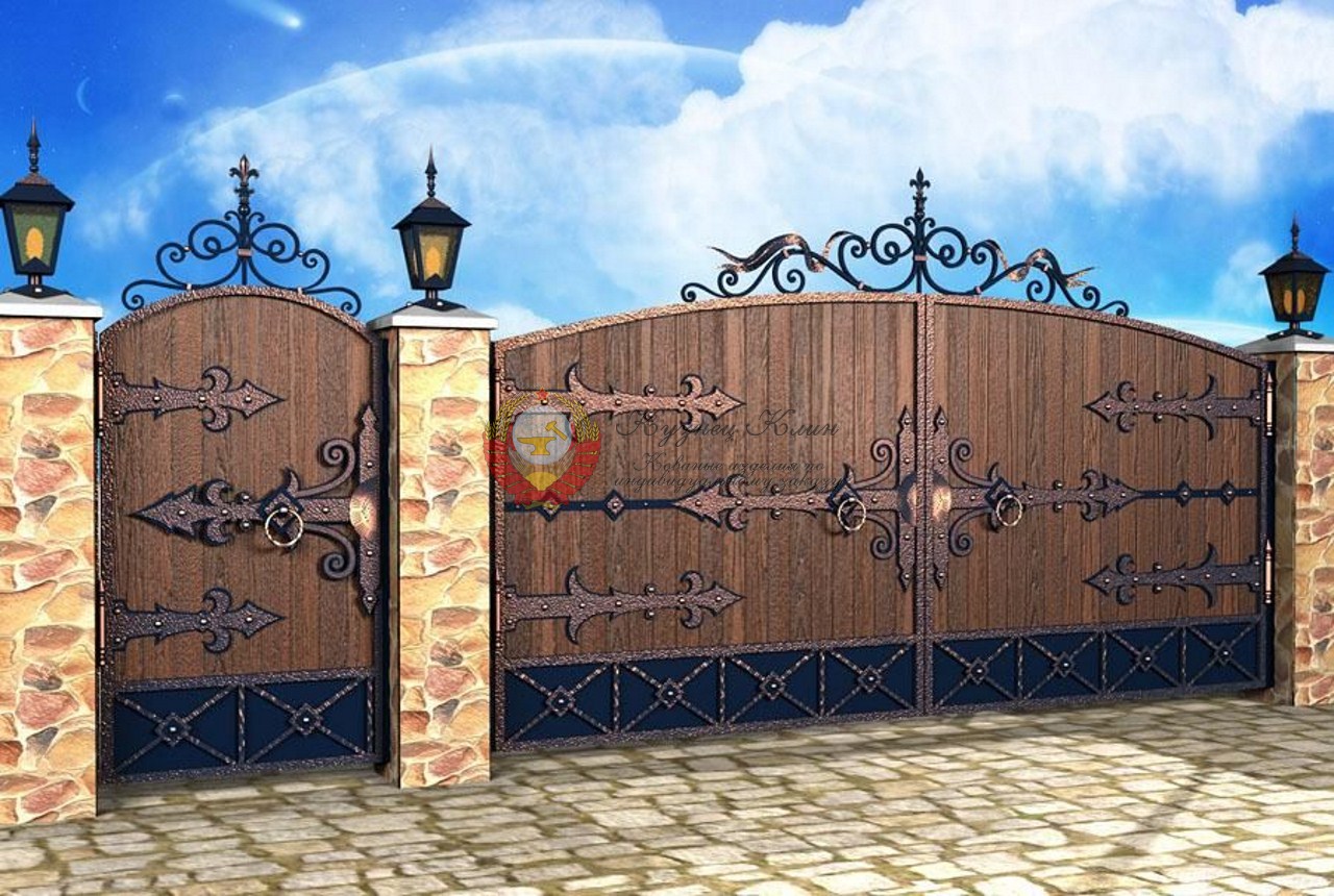 Кованые ворота распошные глухие с деревом