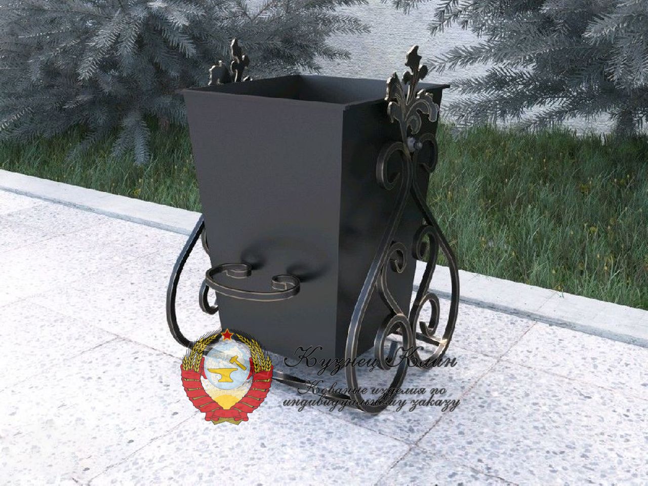Кованая урна на площадке с ручкой