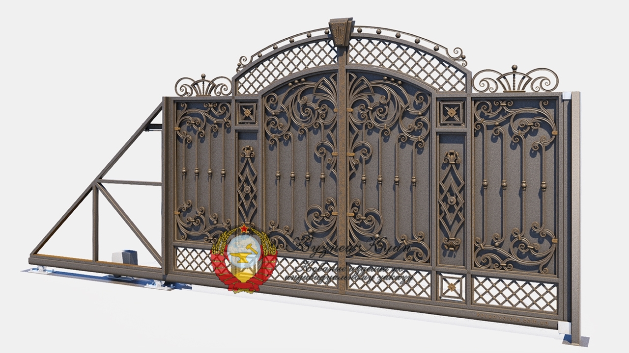 Кованые откатные глухие ворота с ажурной сеточкой вверху и внизу